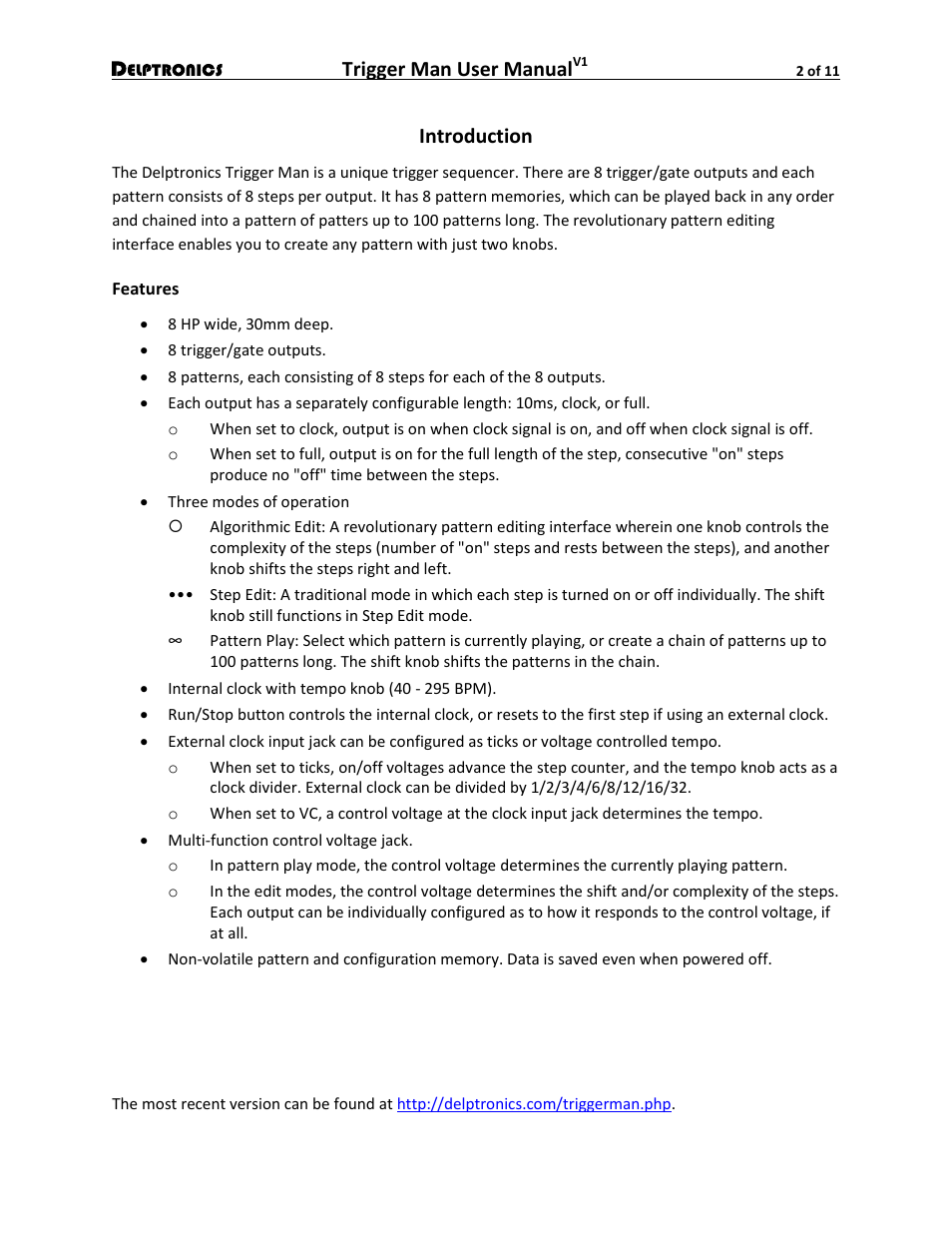 Introduction, Features, Trigger man user manual | Delptronics Trigger Man User Manual | Page 2 / 11