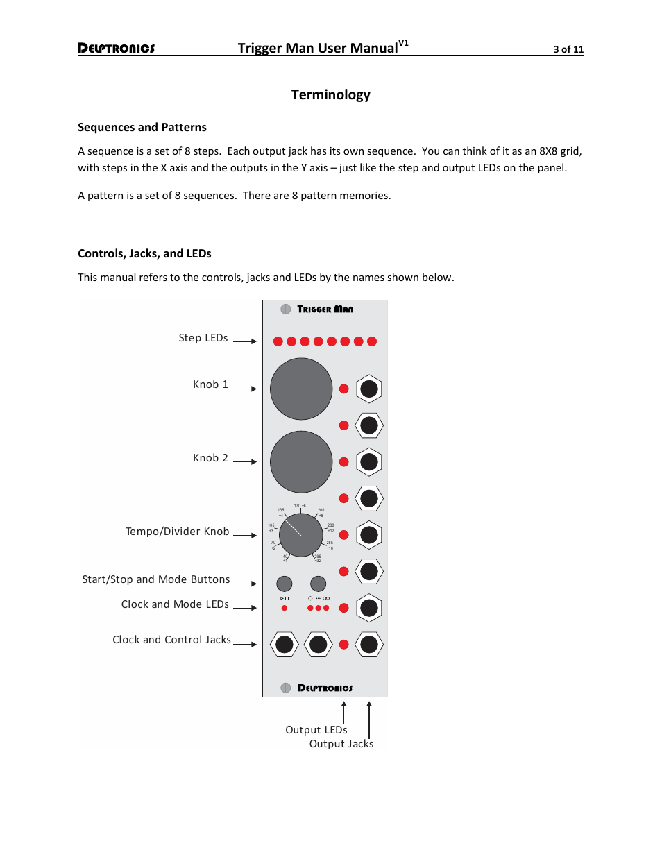 Terminology, Sequences and patterns, Controls, jacks, and leds | Trigger man user manual | Delptronics Trigger Man User Manual | Page 3 / 11