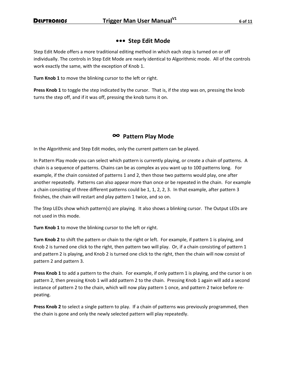 Step edit mode, Pattern play mode | Delptronics Trigger Man User Manual | Page 6 / 11
