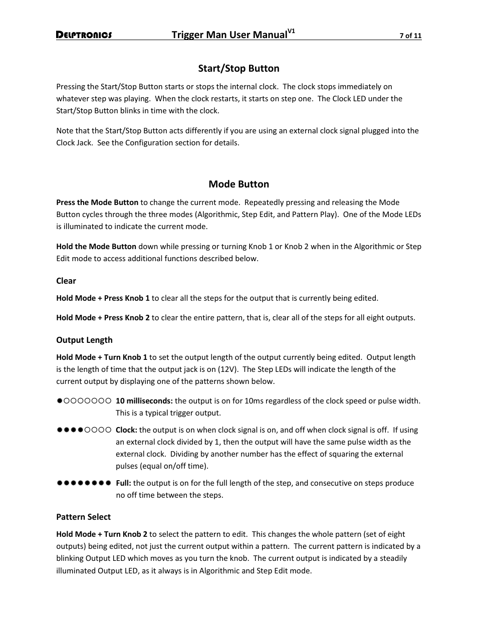 Start/stop button, Mode button, Clear | Output length, Pattern select, Trigger man user manual | Delptronics Trigger Man User Manual | Page 7 / 11