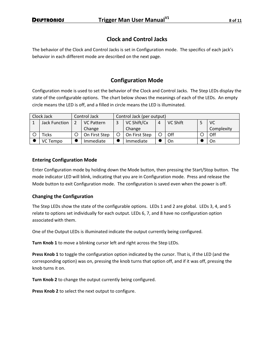 Clock and control jacks, Configuration mode, Entering configuration mode | Changing the configuration, Trigger man user manual | Delptronics Trigger Man User Manual | Page 8 / 11