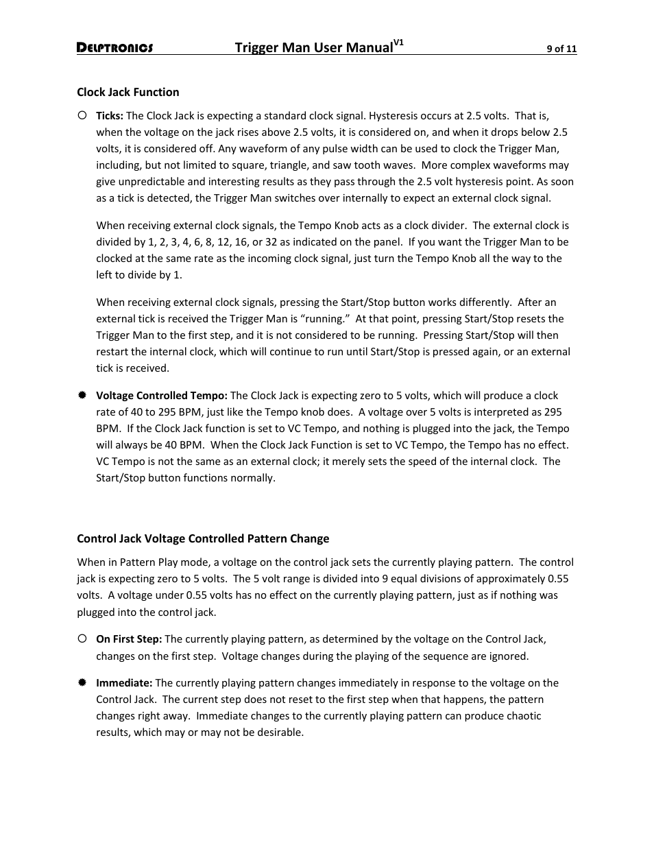 Clock jack function, Control jack voltage controlled pattern change, Trigger man user manual | Delptronics Trigger Man User Manual | Page 9 / 11