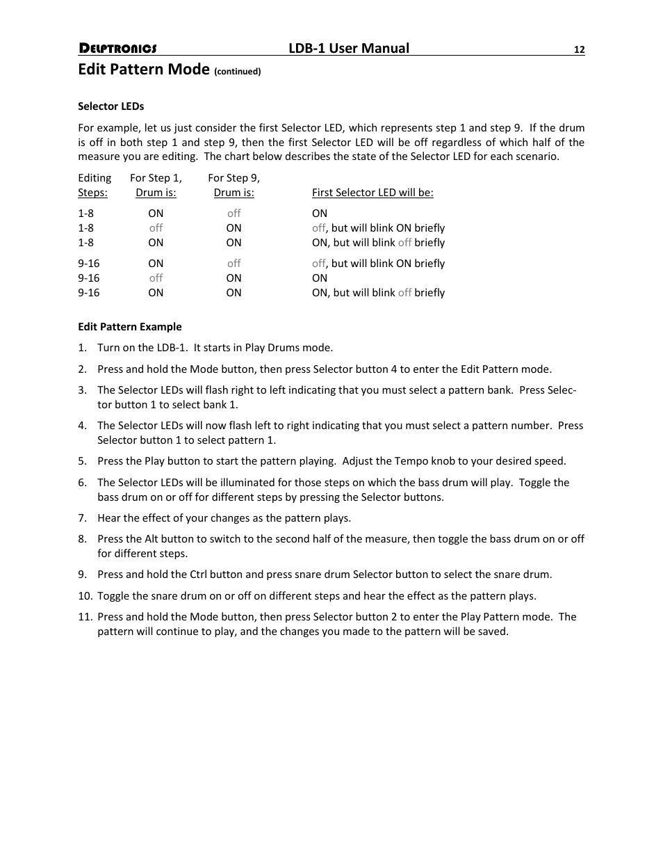 Edit pattern mode, Ldb-1 user manual | Delptronics LDB-1 Analog Drum Machine User Manual | Page 12 / 24