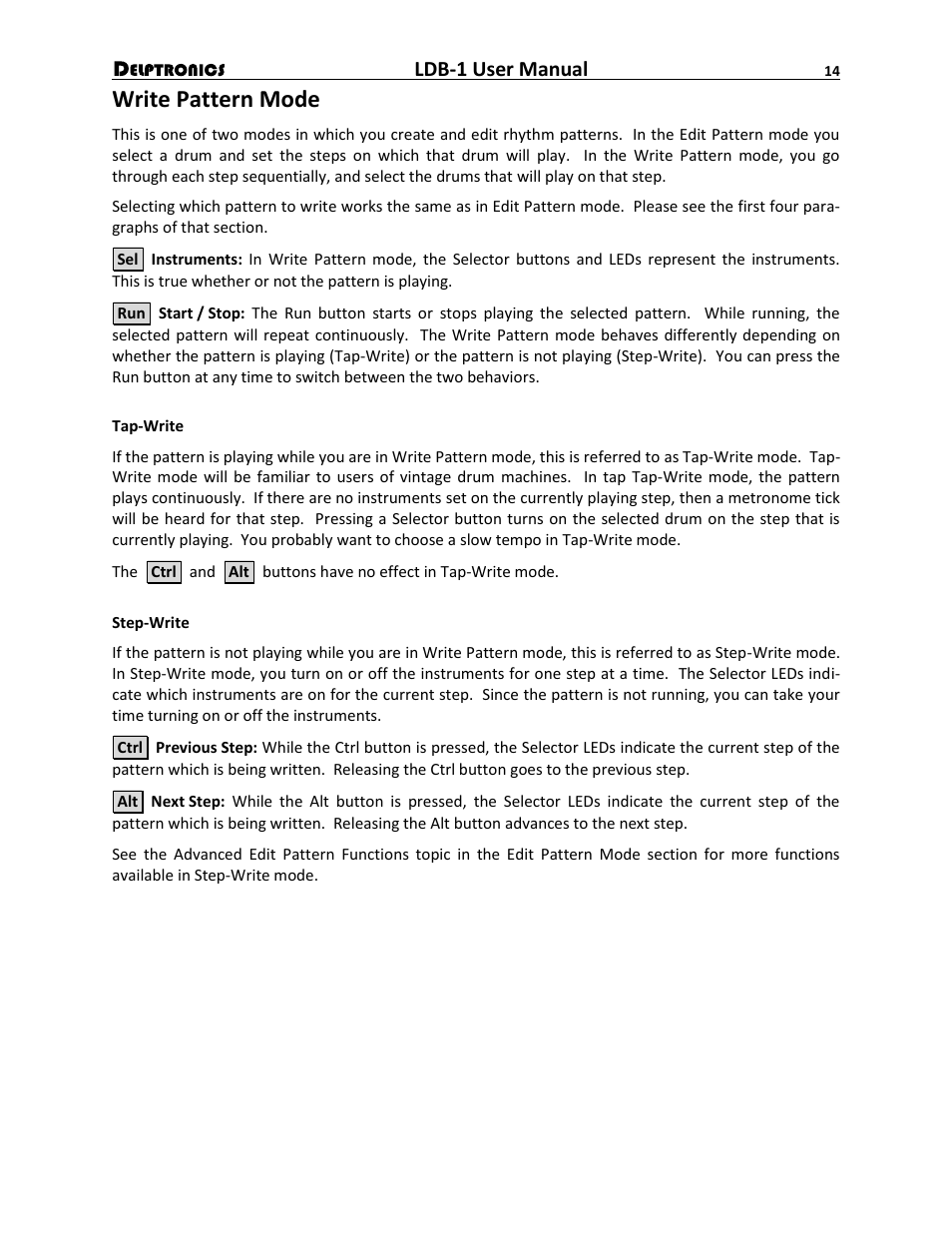 Write pattern mode, Ldb-1 user manual | Delptronics LDB-1 Analog Drum Machine User Manual | Page 14 / 24
