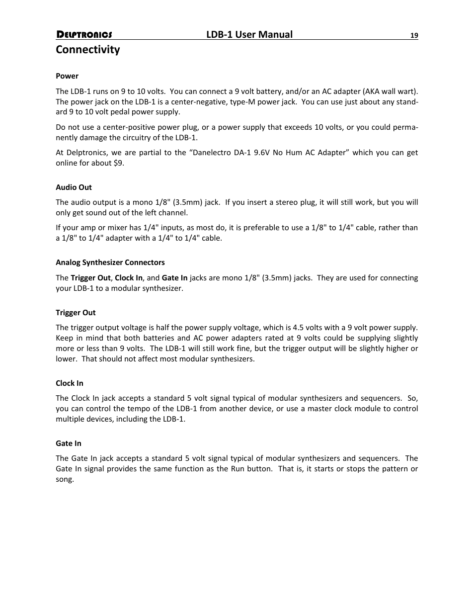 Connectivity, Ldb-1 user manual | Delptronics LDB-1 Analog Drum Machine User Manual | Page 19 / 24