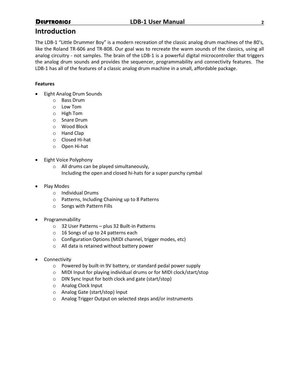 Introduction, Ldb-1 user manual | Delptronics LDB-1 Analog Drum Machine User Manual | Page 2 / 24