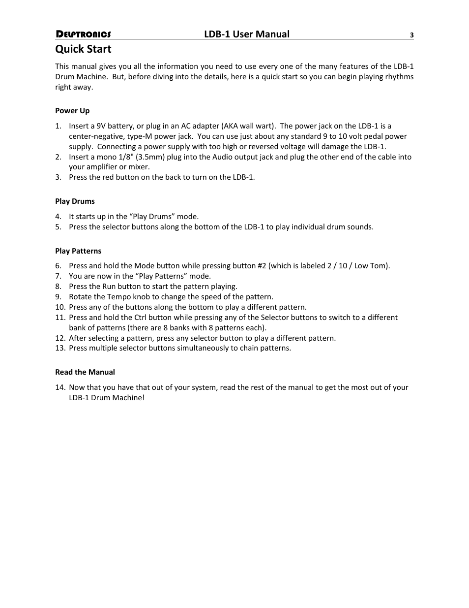 Quick start, Ldb-1 user manual | Delptronics LDB-1 Analog Drum Machine User Manual | Page 3 / 24