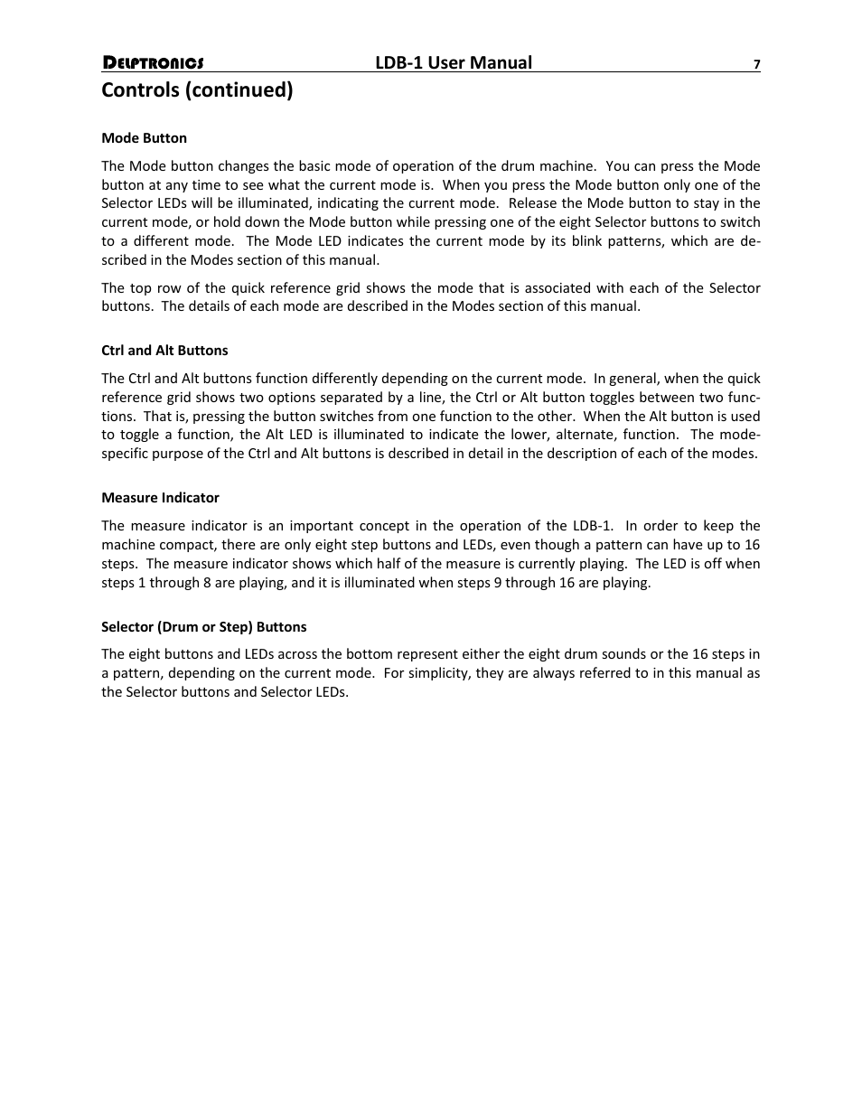 Controls (continued), Ldb-1 user manual | Delptronics LDB-1 Analog Drum Machine User Manual | Page 7 / 24