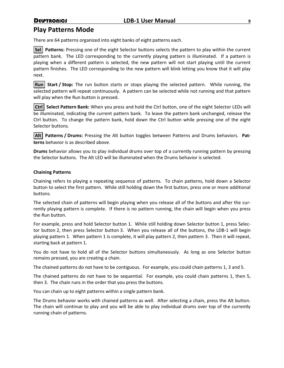Play patterns mode, Ldb-1 user manual | Delptronics LDB-1 Analog Drum Machine User Manual | Page 9 / 24