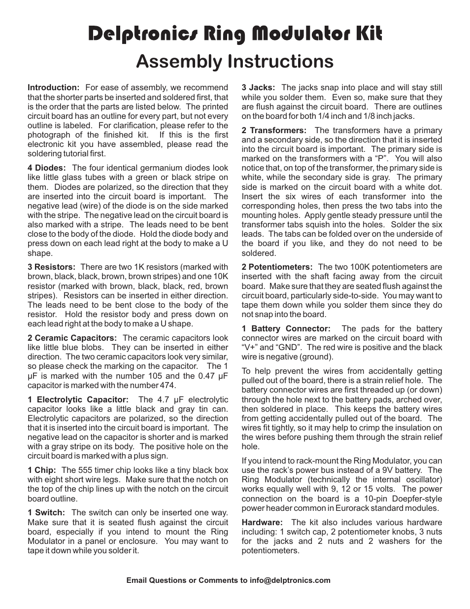 Delptronics Ring Modulator User Manual | 2 pages