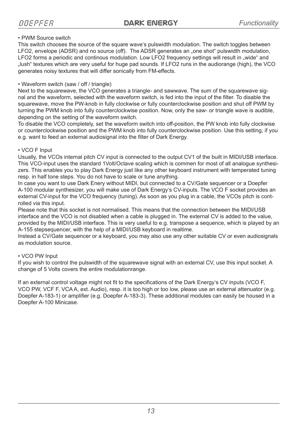 Dark energy doepfer, Functionality | Doepfer Dark Energy I  (device no longer available) User Manual | Page 13 / 44