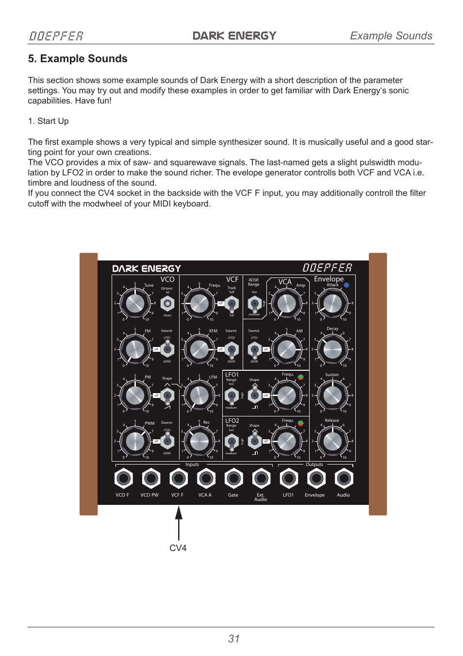 Dark energy doepfer, Doepfer, 31 example sounds | Example sounds, Dark energy, Vco vcf envelope vca, Lfo1 lfo2 | Doepfer Dark Energy I  (device no longer available) User Manual | Page 31 / 44