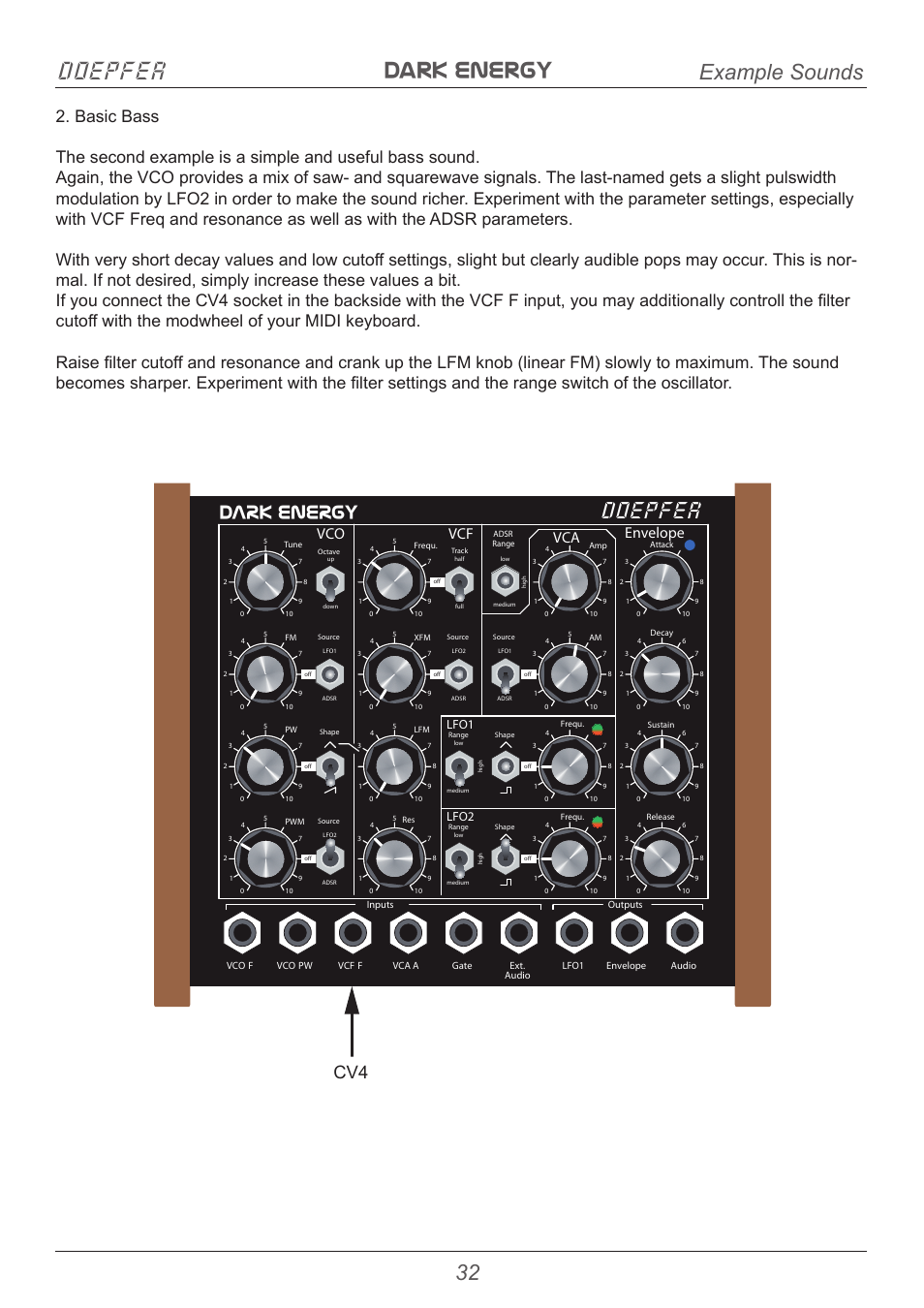 Dark energy doepfer, Doepfer, Example sounds | Dark energy, Vco vcf envelope vca, Lfo1 lfo2 | Doepfer Dark Energy I  (device no longer available) User Manual | Page 32 / 44