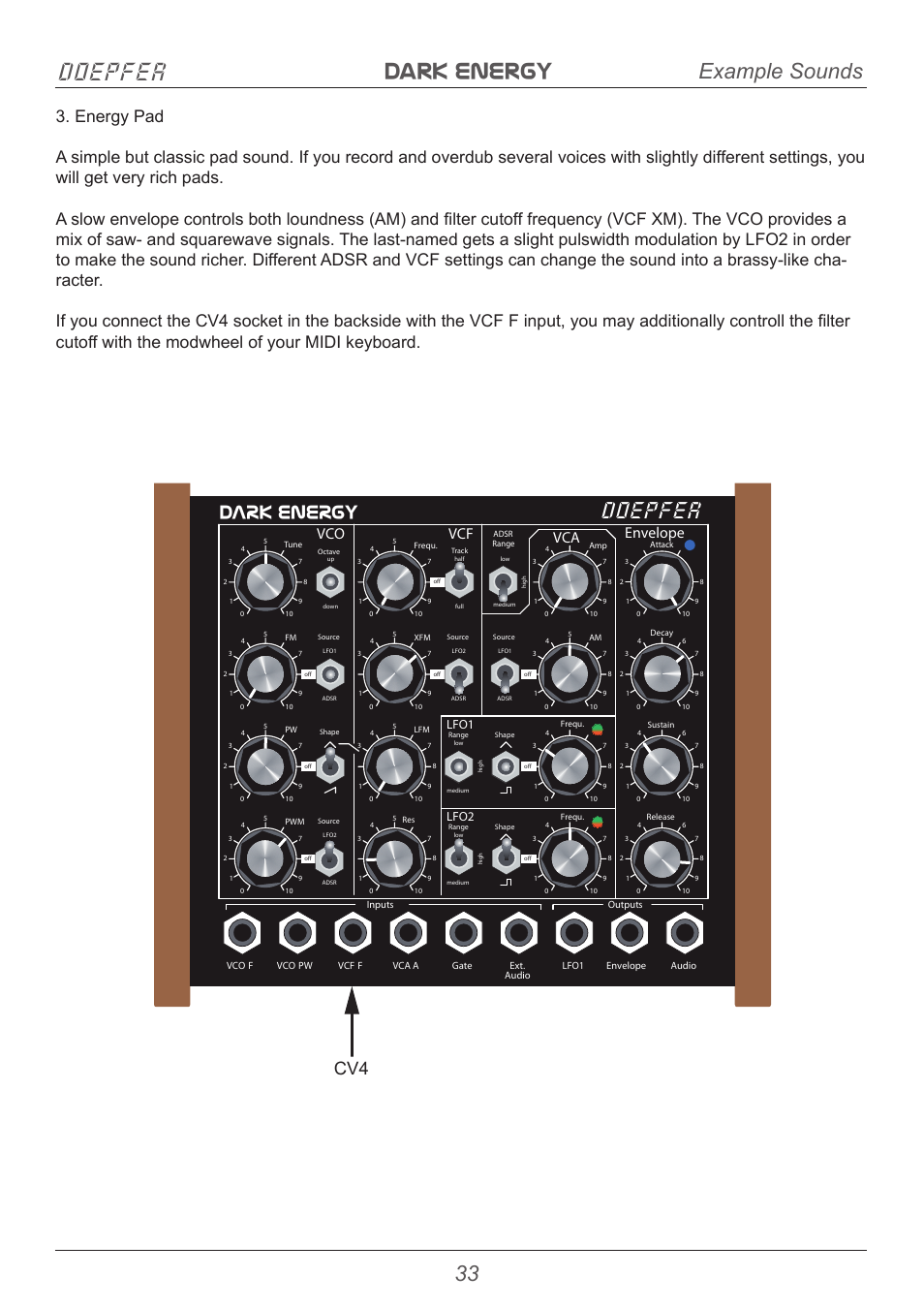 Dark energy doepfer, Doepfer, 33 example sounds | Dark energy, Vco vcf envelope vca, Lfo1 lfo2 | Doepfer Dark Energy I  (device no longer available) User Manual | Page 33 / 44