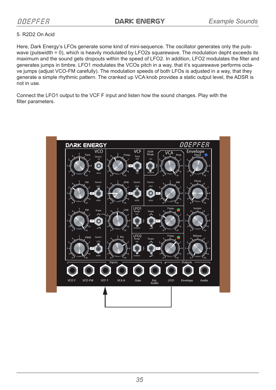 Dark energy doepfer, Doepfer, 35 example sounds | Dark energy, Vco vcf envelope vca, Lfo1 lfo2 | Doepfer Dark Energy I  (device no longer available) User Manual | Page 35 / 44