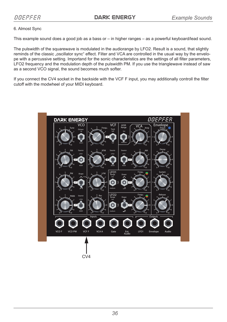 Dark energy doepfer, Doepfer, Example sounds | Dark energy, Vco vcf envelope vca, Lfo1 lfo2 | Doepfer Dark Energy I  (device no longer available) User Manual | Page 36 / 44