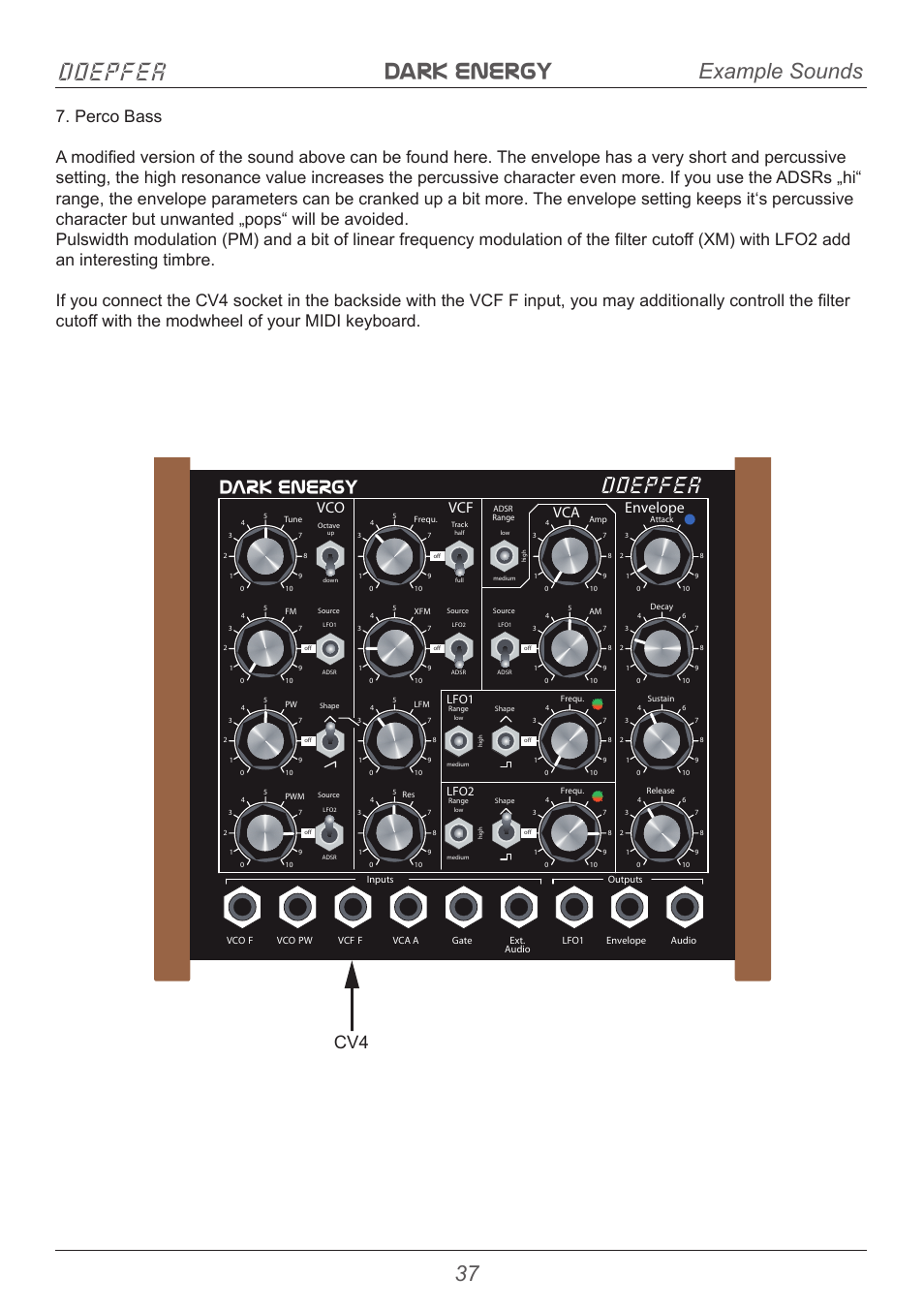 Dark energy doepfer, Doepfer, 37 example sounds | Dark energy, Vco vcf envelope vca, Lfo1 lfo2 | Doepfer Dark Energy I  (device no longer available) User Manual | Page 37 / 44