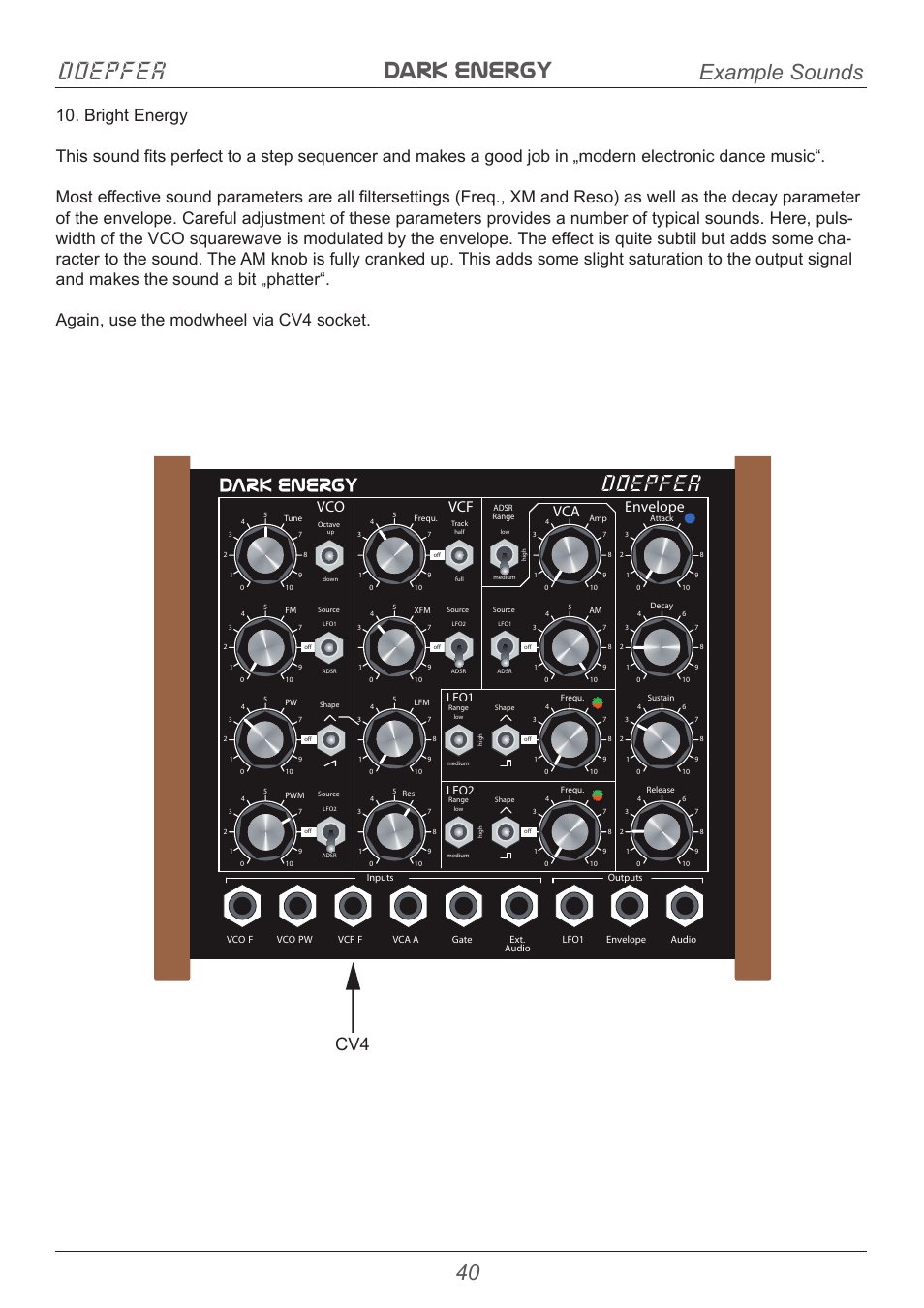 Dark energy doepfer, Doepfer, Example sounds | Dark energy, Vco vcf envelope vca, Lfo1 lfo2 | Doepfer Dark Energy I  (device no longer available) User Manual | Page 40 / 44