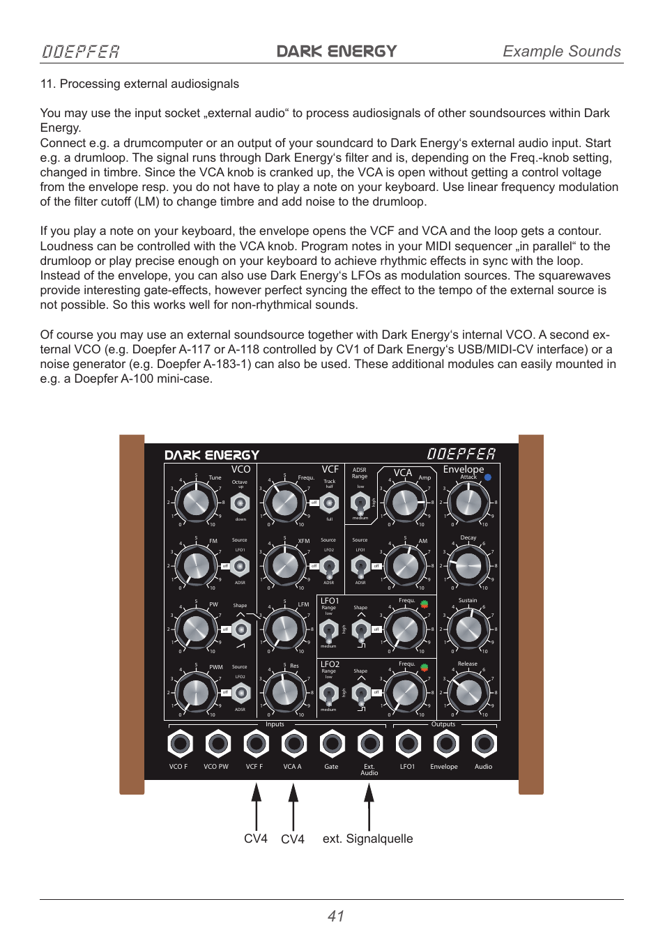 Dark energy doepfer, 41 example sounds, Doepfer | Dark energy, Cv4 cv4 ext. signalquelle, Vco vcf envelope vca, Lfo1 lfo2 | Doepfer Dark Energy I  (device no longer available) User Manual | Page 41 / 44