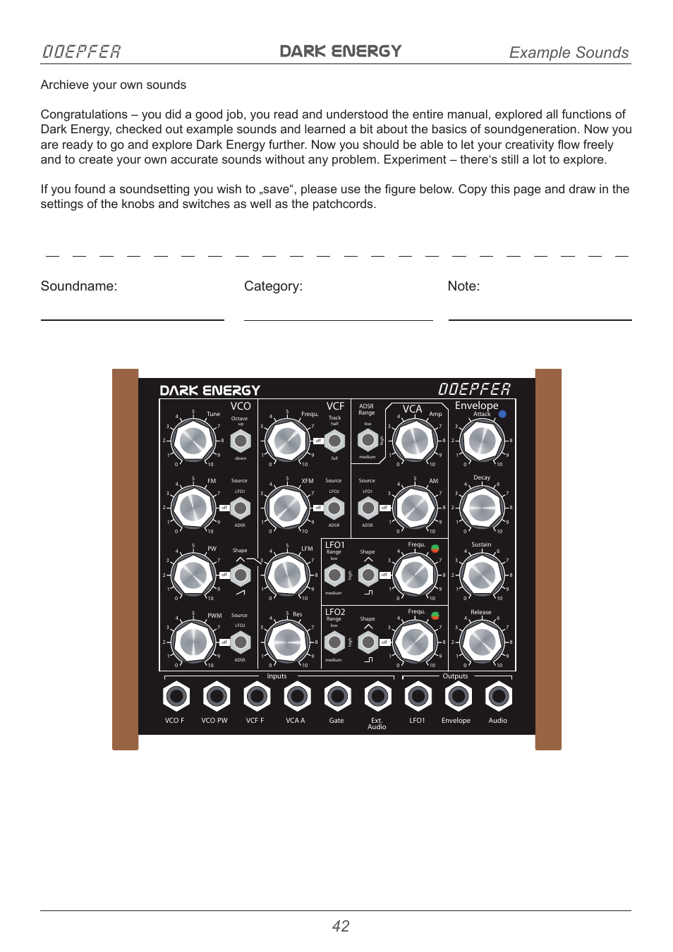 Dark energy doepfer, Doepfer, Example sounds | Dark energy, Vco vcf envelope vca, Lfo1 lfo2 | Doepfer Dark Energy I  (device no longer available) User Manual | Page 42 / 44