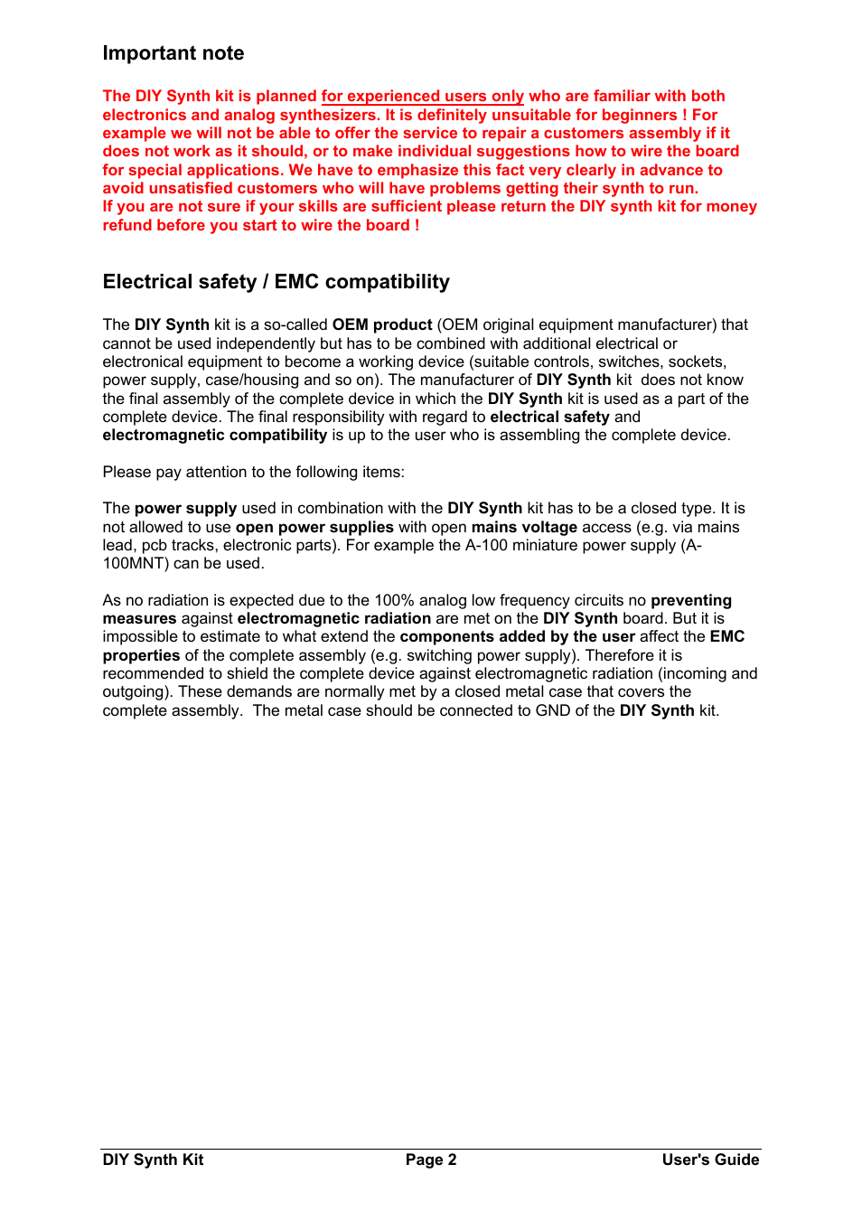 Electrical safety / emc compatibility | Doepfer DIY Synth do-it-yourself analog synthesizer User Manual | Page 2 / 24