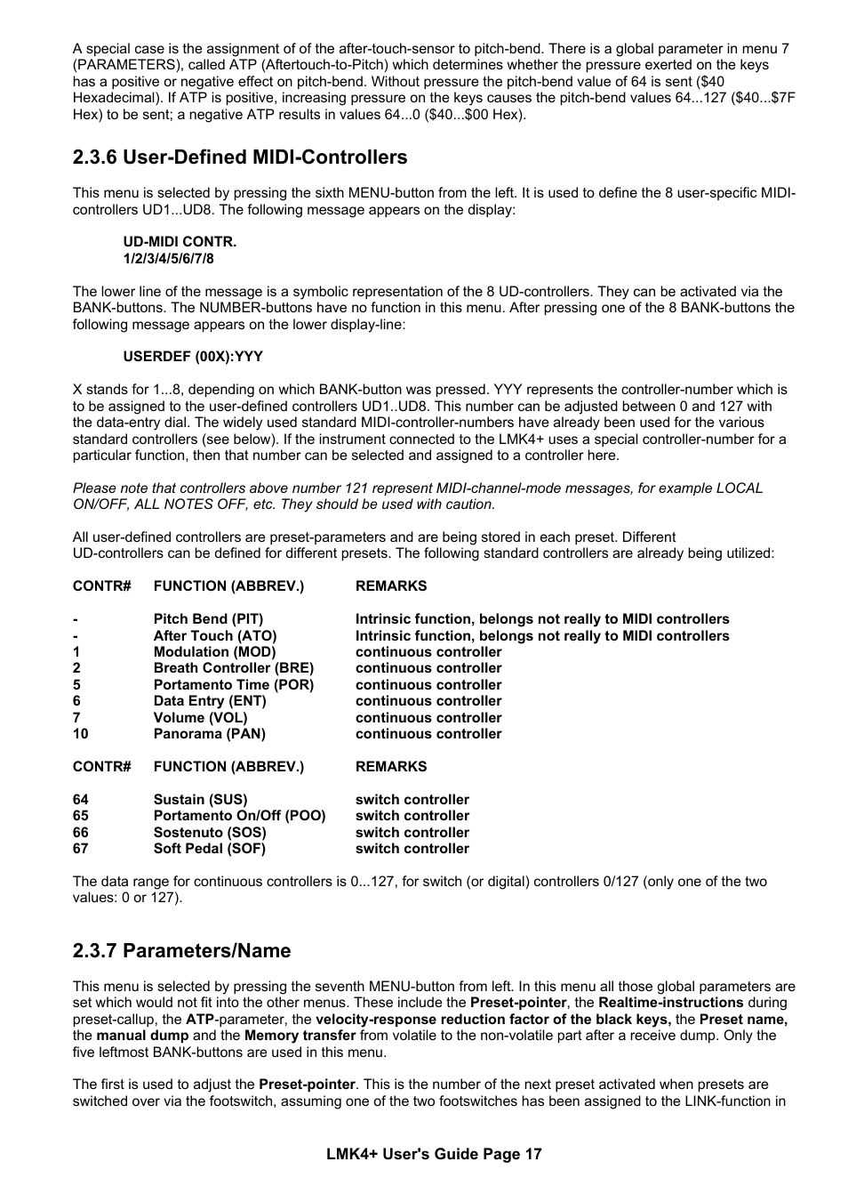 6 user-defined midi-controllers, 7 parameters/name | Doepfer LMK4+ Midi Master Keyboard (new version with USB) User Manual | Page 17 / 24