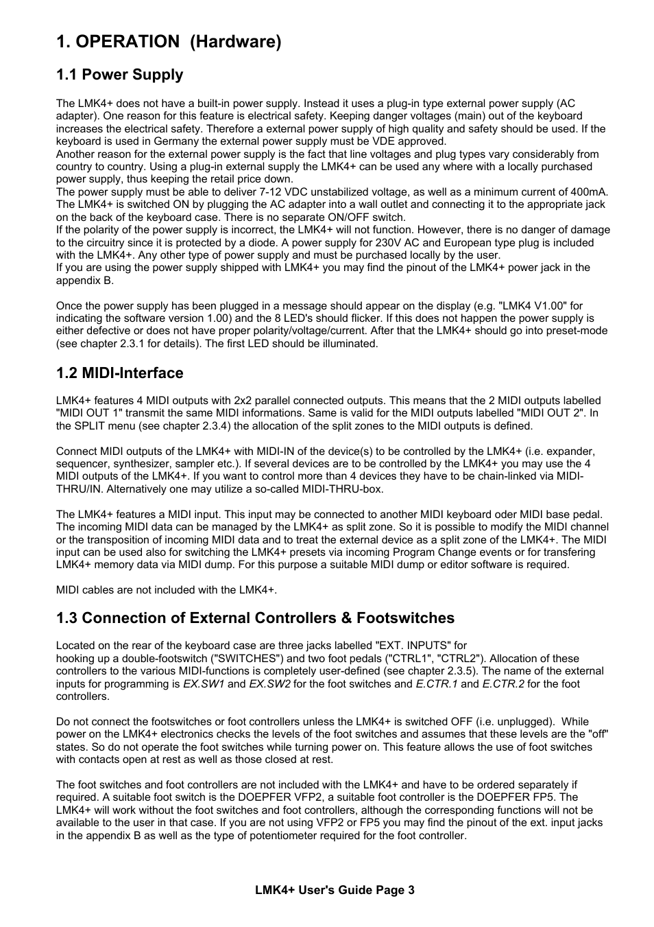 Operation (hardware), 1 power supply, 2 midi-interface | Doepfer LMK4+ Midi Master Keyboard (new version with USB) User Manual | Page 3 / 24
