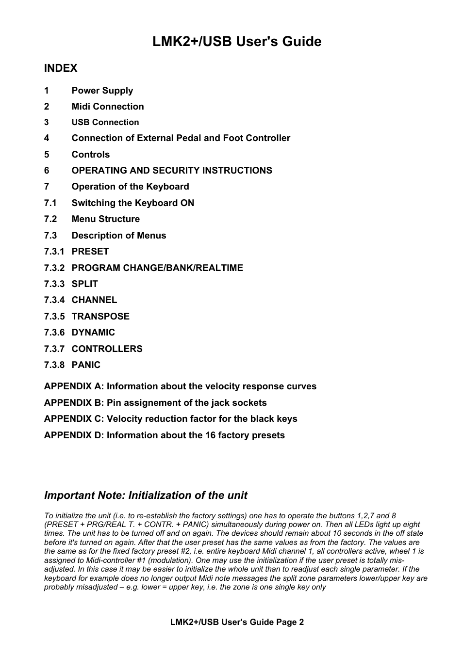 Lmk2+/usb user's guide | Doepfer LMK2+ Midi Master Keyboard (new version with USB) User Manual | Page 2 / 12