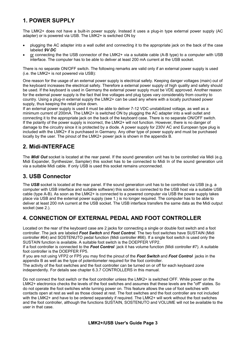 Power supply, Midi-interface, Usb connector | Connection of external pedal and foot controller | Doepfer LMK2+ Midi Master Keyboard (new version with USB) User Manual | Page 3 / 12