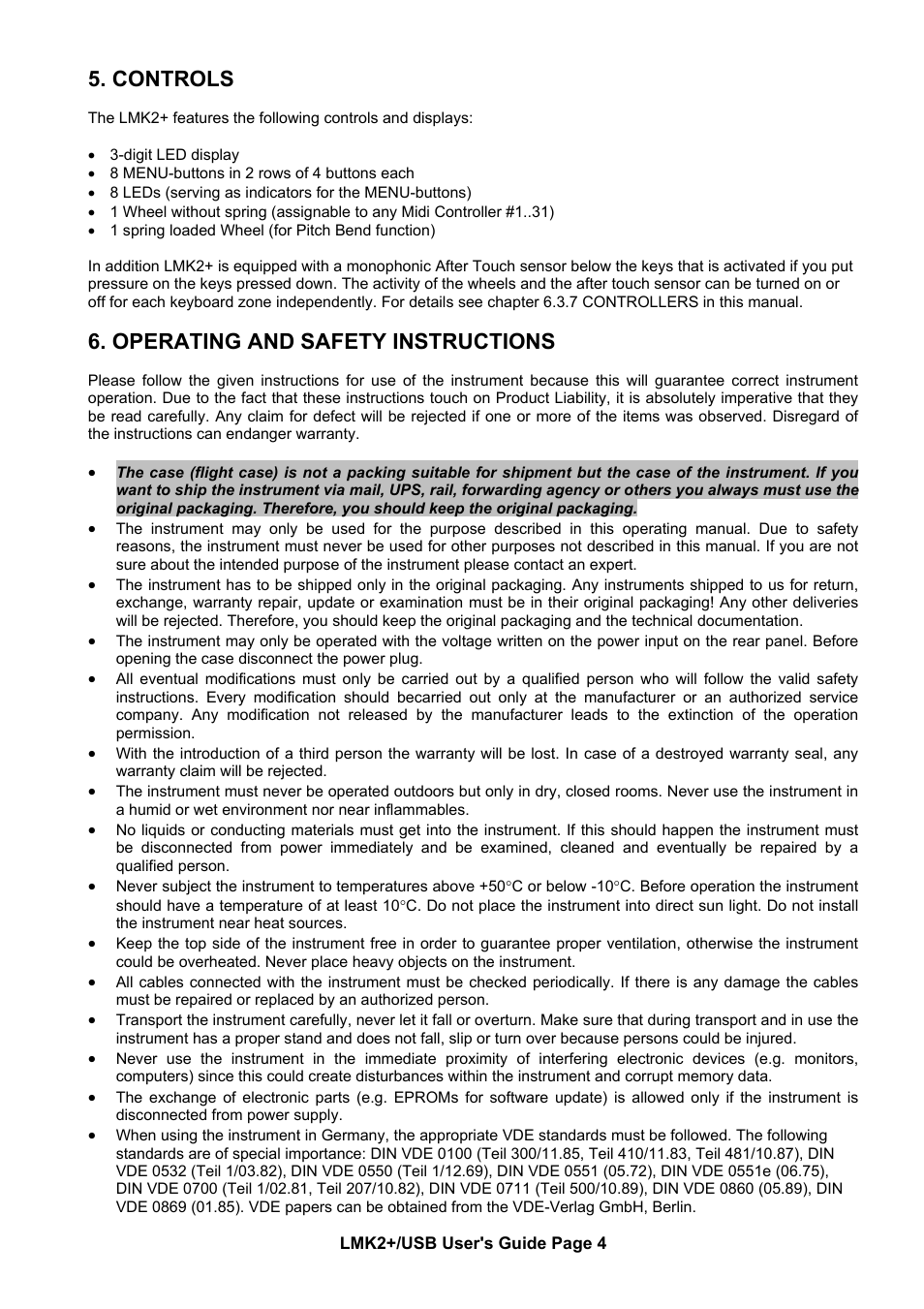 Controls, Operating and safety instructions | Doepfer LMK2+ Midi Master Keyboard (new version with USB) User Manual | Page 4 / 12