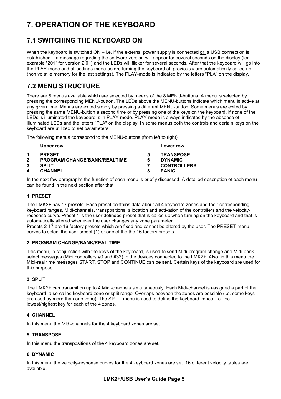 Operation of the keyboard, 1 switching the keyboard on, 2 menu structure | Doepfer LMK2+ Midi Master Keyboard (new version with USB) User Manual | Page 5 / 12