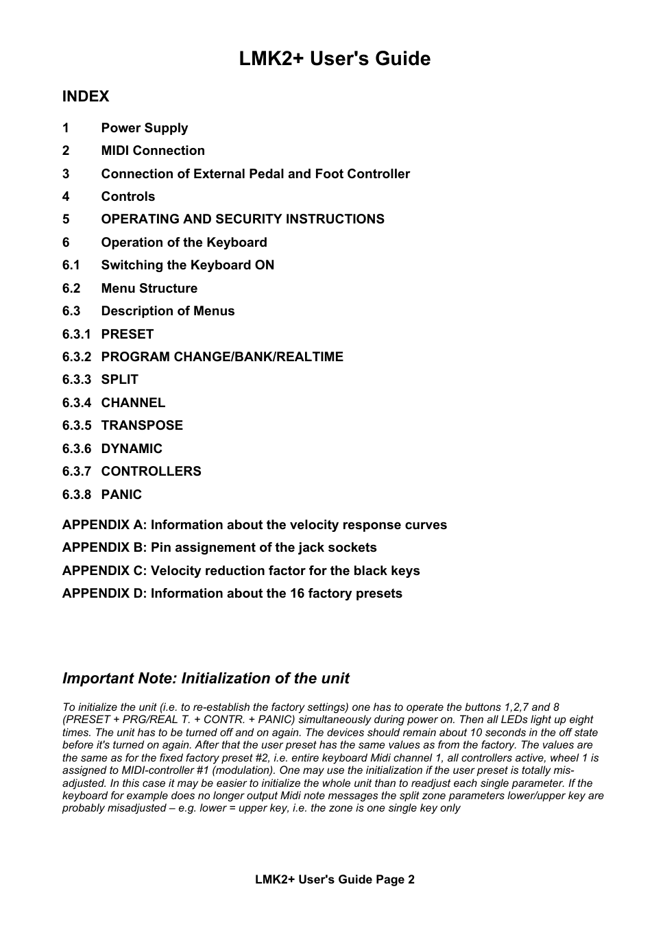 Lmk2+ user's guide | Doepfer LMK2+ Midi Master Keyboard (old version without USB, no longer available) User Manual | Page 2 / 13