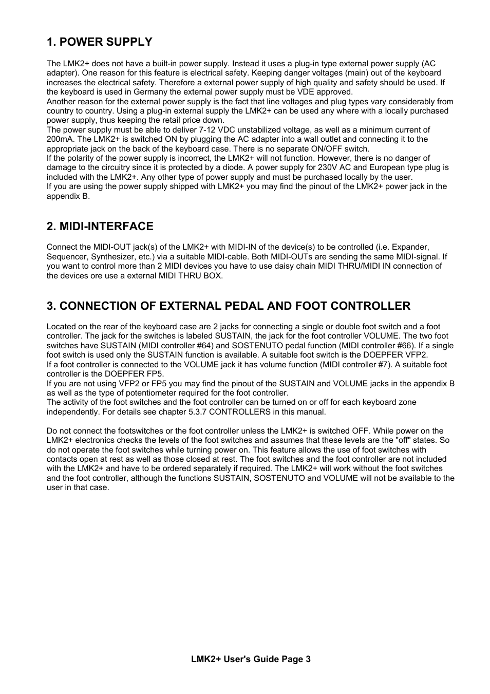 Power supply, Midi-interface, Connection of external pedal and foot controller | Doepfer LMK2+ Midi Master Keyboard (old version without USB, no longer available) User Manual | Page 3 / 13