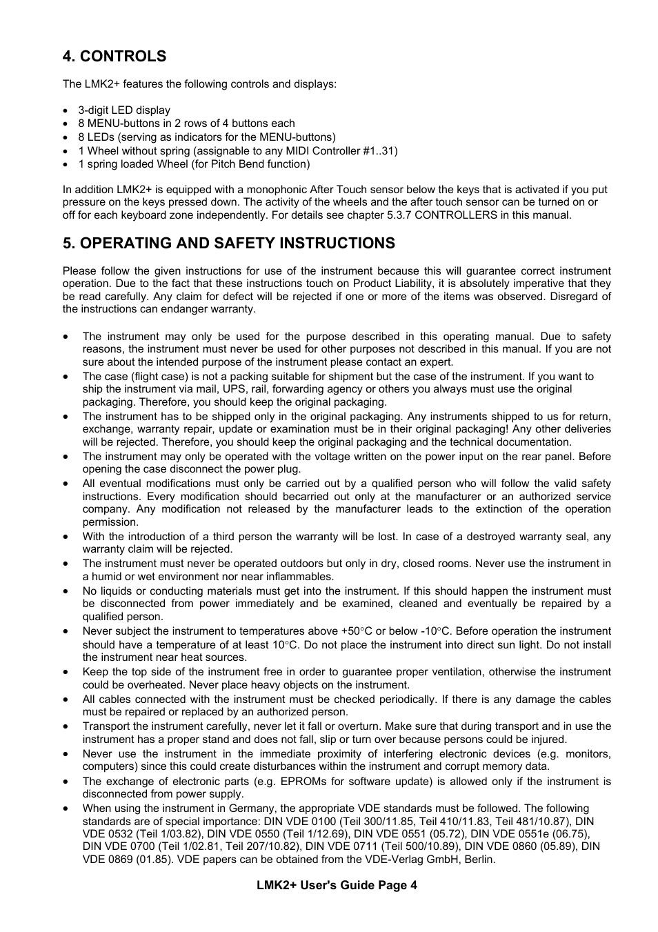 Controls, Operating and safety instructions | Doepfer LMK2+ Midi Master Keyboard (old version without USB, no longer available) User Manual | Page 4 / 13