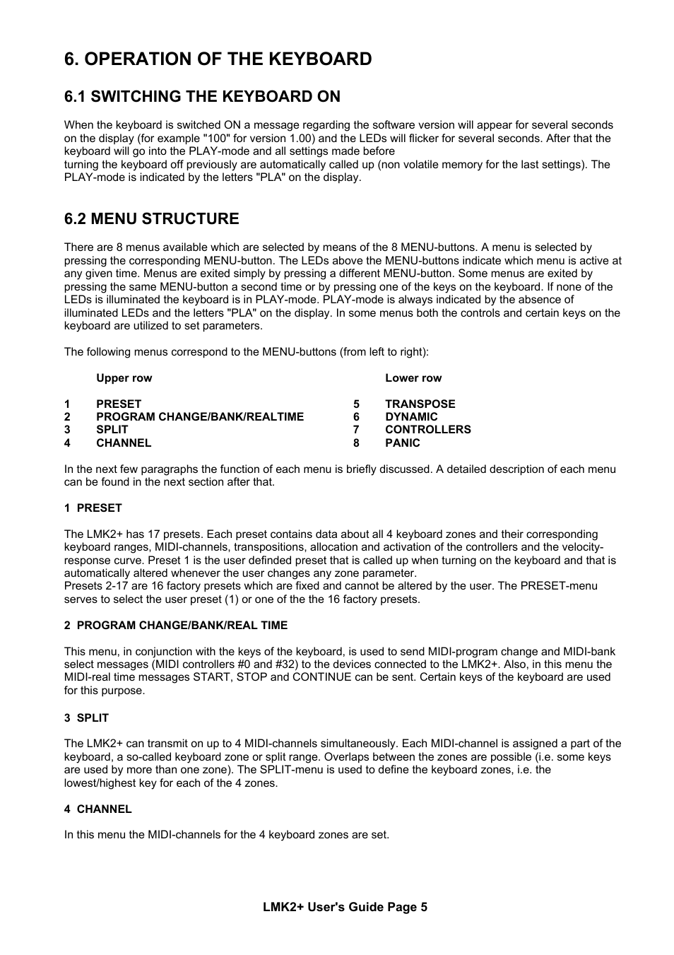 Operation of the keyboard, 1 switching the keyboard on, 2 menu structure | Doepfer LMK2+ Midi Master Keyboard (old version without USB, no longer available) User Manual | Page 5 / 13