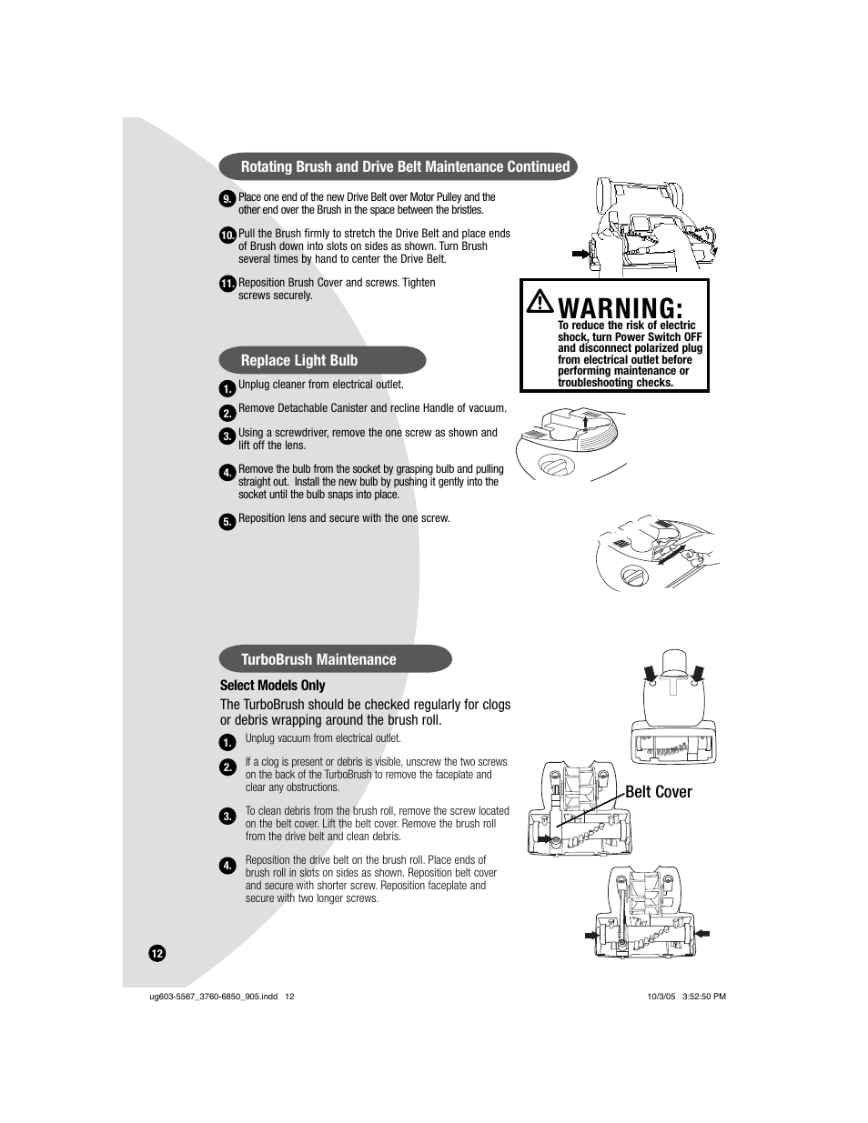 Warning, Belt cover, Replace light bulb | Turbobrush maintenance | Bissell 4220 User Manual | Page 12 / 17