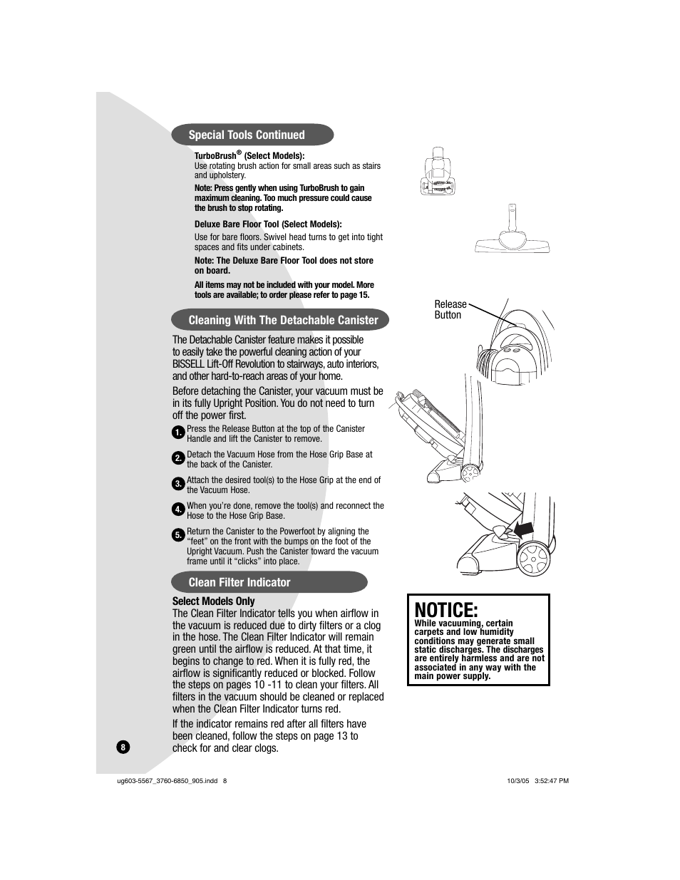 Notice, Cleaning with the detachable canister, Special tools continued clean filter indicator | Bissell 4220 User Manual | Page 8 / 17