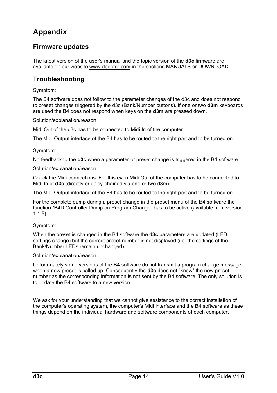 Appendix, Firmware updates, Troubleshooting | Doepfer d3c Midi/USB Organ Controller User Manual | Page 14 / 16