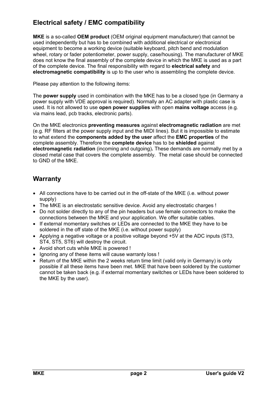 Electrical safety / emc compatibility, Warranty | Doepfer MKE Universal Midi Keyboard Electronics Kit User Manual | Page 2 / 17