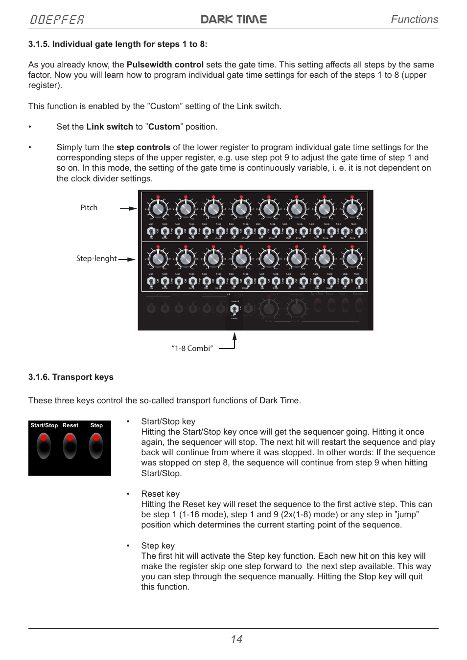 Dark time doepfer, Functions 14, Pitch step-lenght ”1-8 combi | Doepfer, Dark time | Doepfer Dark Time Sequencer User Manual | Page 14 / 28