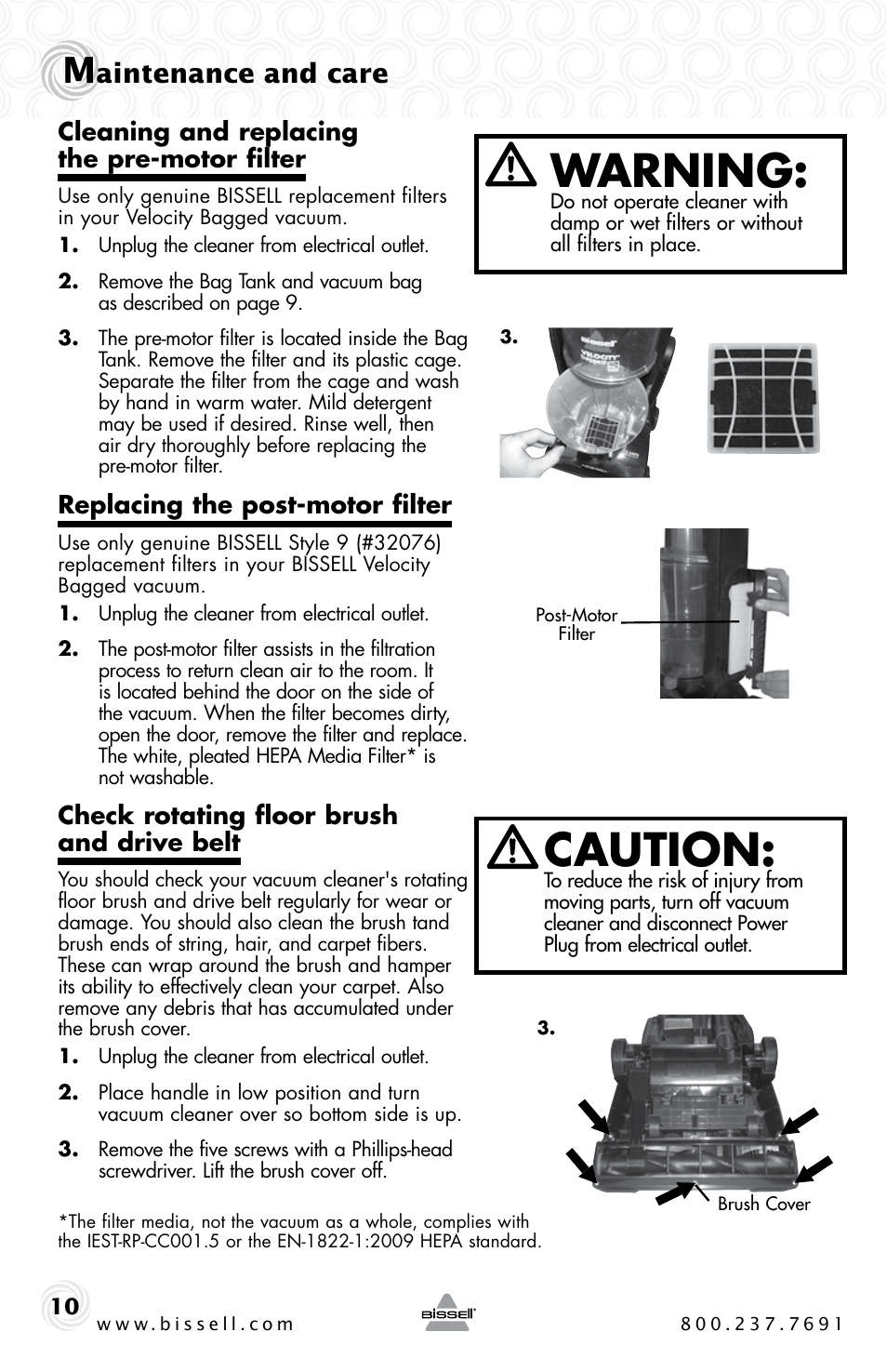 Warning, Caution, Aintenance and care | Bissell 6221 User Manual | Page 10 / 16
