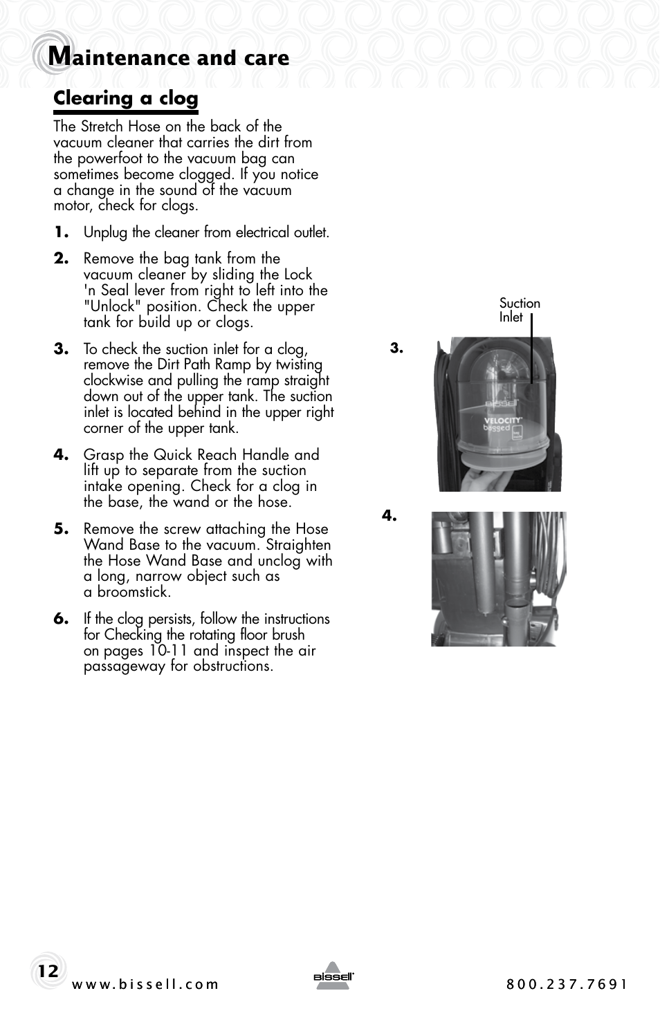 Aintenance and care, Clearing a clog | Bissell 6221 User Manual | Page 12 / 16