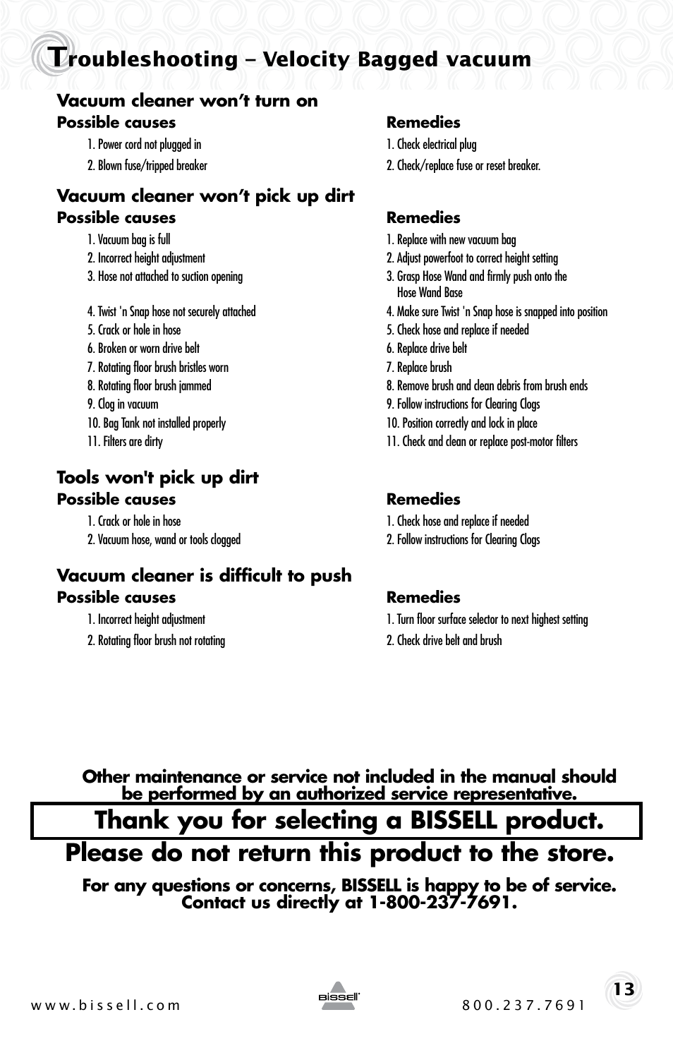 Roubleshooting – velocity bagged vacuum | Bissell 6221 User Manual | Page 13 / 16