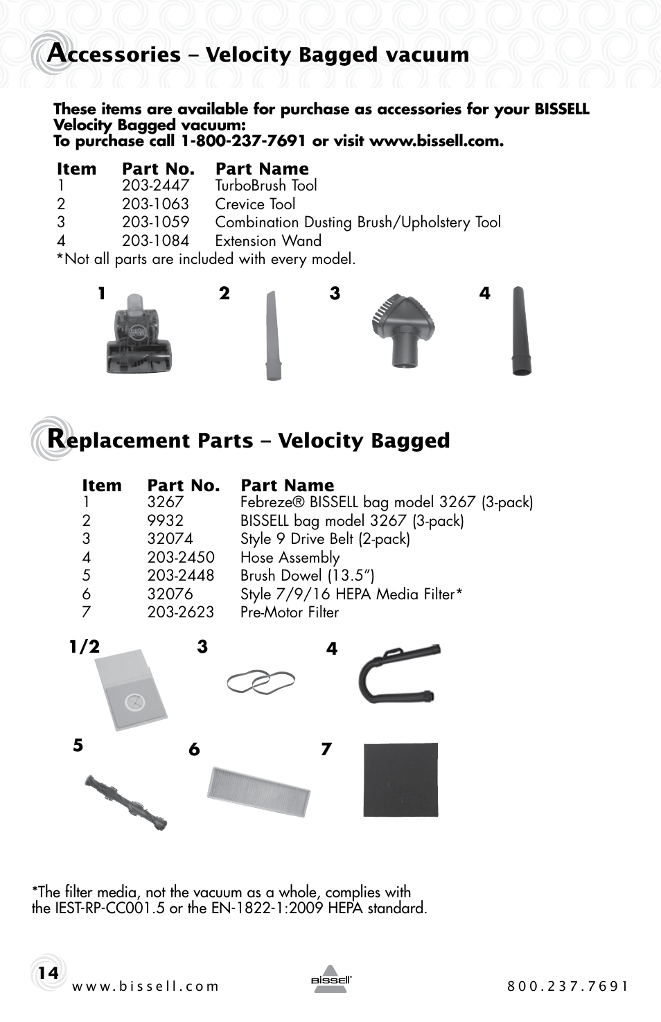 Eplacement parts – velocity bagged, Ccessories – velocity bagged vacuum | Bissell 6221 User Manual | Page 14 / 16