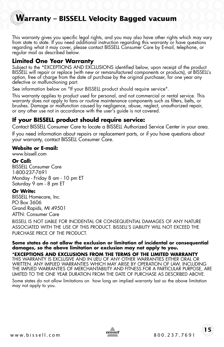 Arranty – bissell velocity bagged vacuum | Bissell 6221 User Manual | Page 15 / 16