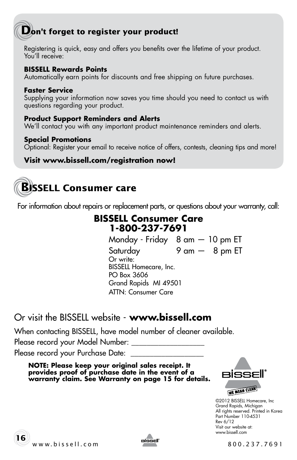 Issell consumer care | Bissell 6221 User Manual | Page 16 / 16