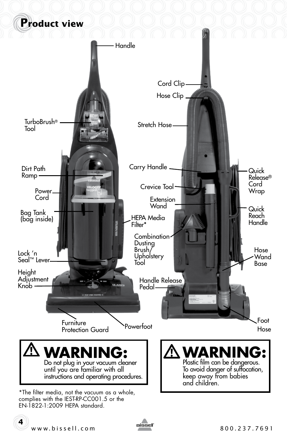 Warning, Roduct view | Bissell 6221 User Manual | Page 4 / 16