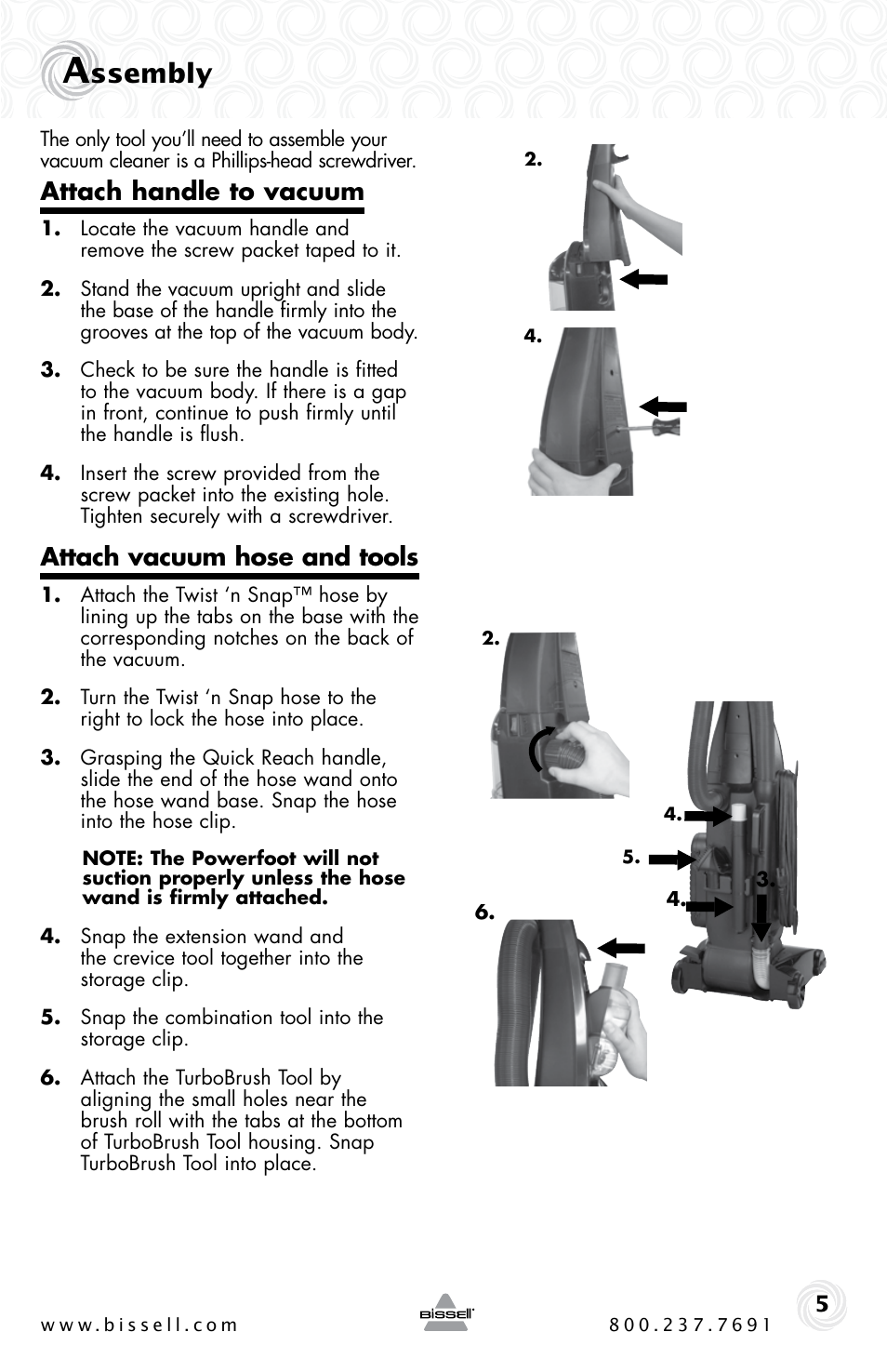 Ssembly, Attach handle to vacuum, Attach vacuum hose and tools | Bissell 6221 User Manual | Page 5 / 16