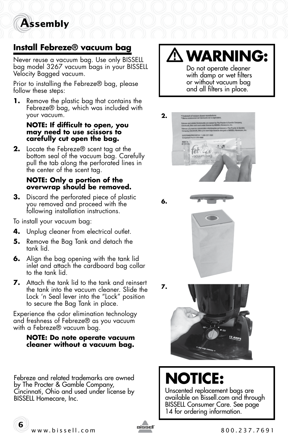 Warning, Notice, Ssembly | Install febreze® vacuum bag | Bissell 6221 User Manual | Page 6 / 16