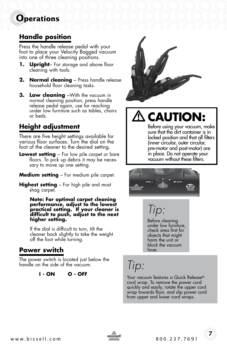 Caution, Perations, Handle position | Height adjustment, Power switch | Bissell 6221 User Manual | Page 7 / 16